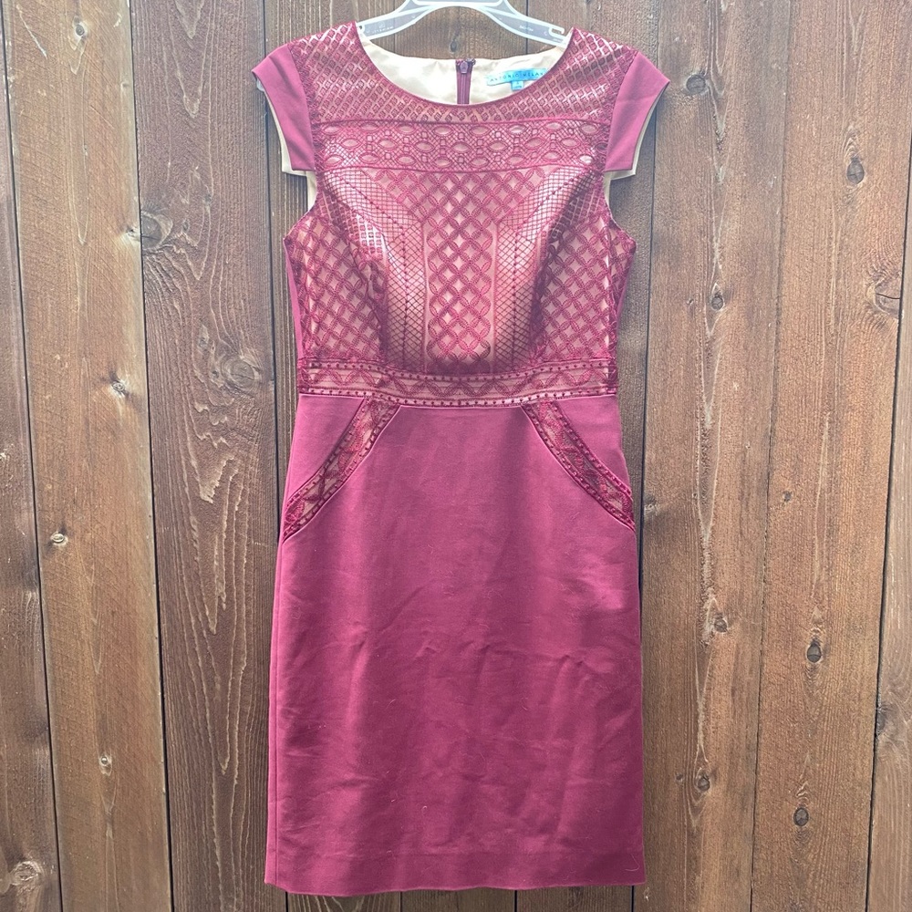 Antonio Melani burgundy sheath dress with lace accents, size 4